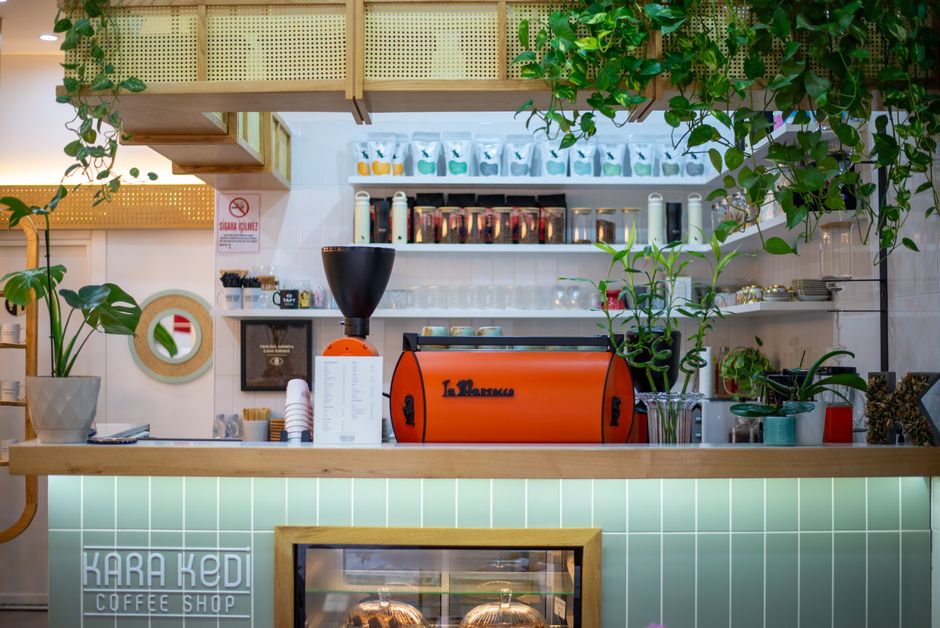 Cozy coffee shop interior with plants and coffee equipment.